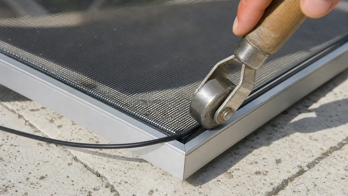 Roller tool pressing black spline into an aluminum screen frame over charcoal mesh